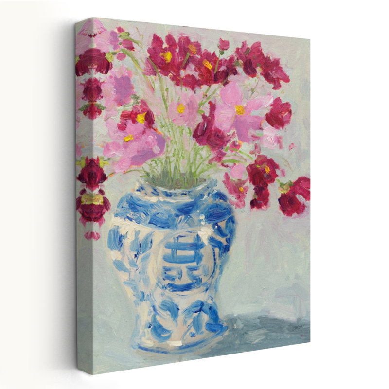 Cosmos dans un vase contemporain chinois bouquet floral beige bleu, H 24 po x l 16 po