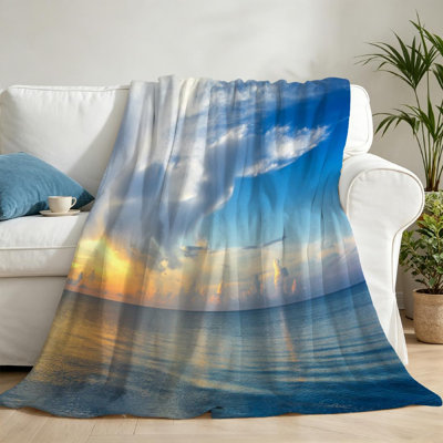 Jeté en flanelle bleue ultra douce, imprimé recto Sunrise Over Tropical Sea