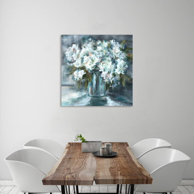 White Hydrangeas In Mason Jar II - Wrapped Canvas Painting