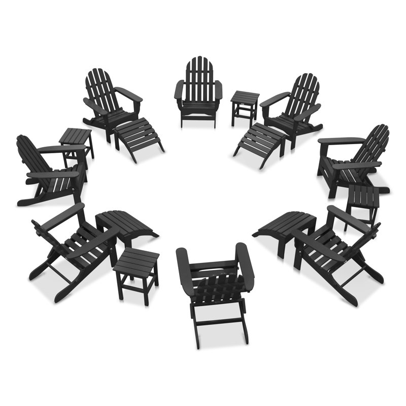 Leighton 16 Piece Plastic/Resin Adirondack Chair with Ottoman and Table, Black