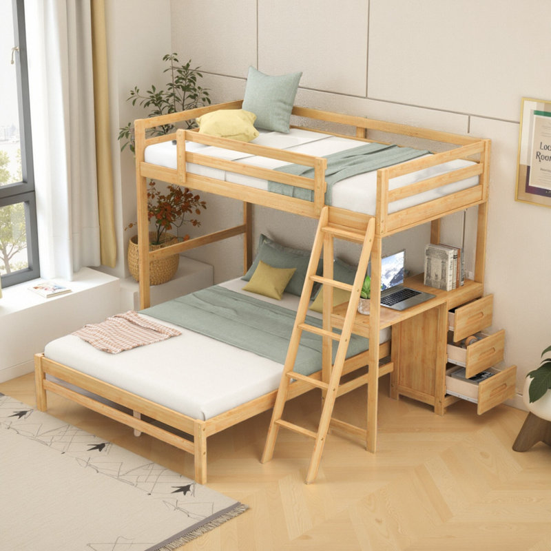 Twin Over Full Bunk Bed With Built-in Desk & 3 Drawers - Convertible Loft Bed With Storage & Study Space, Natural