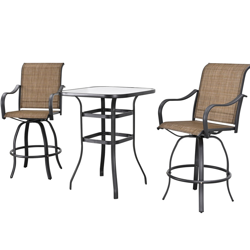 Ensemble de salle à manger 3 pièces à hauteur de bar en métal avec chaises en toile brun textilène et plateau en verre, Beige
