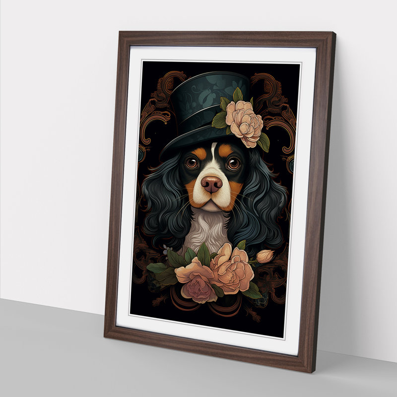 Cavalier King Charles Spaniel Art Deco No.3 - Single Picture Frame Print on Wood, 34cm H x 25cm W x 2cm D, Walnut