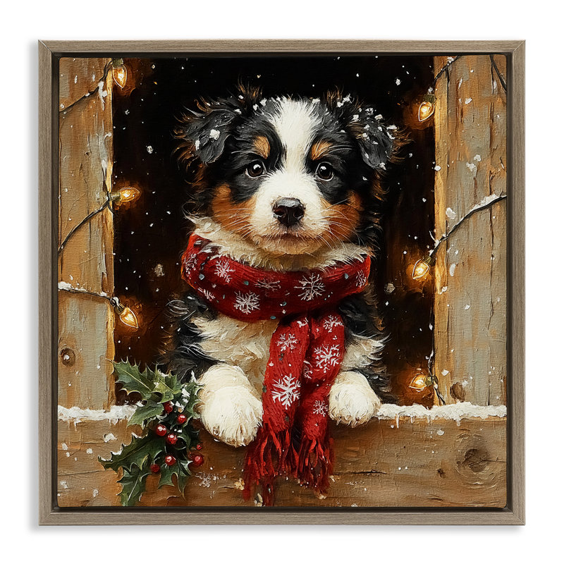 Cadre flottant pour chiot Snowy Christmas Lights, conception de Riley B, 25" H x 25" W, Cadre flottant orme Montalcino