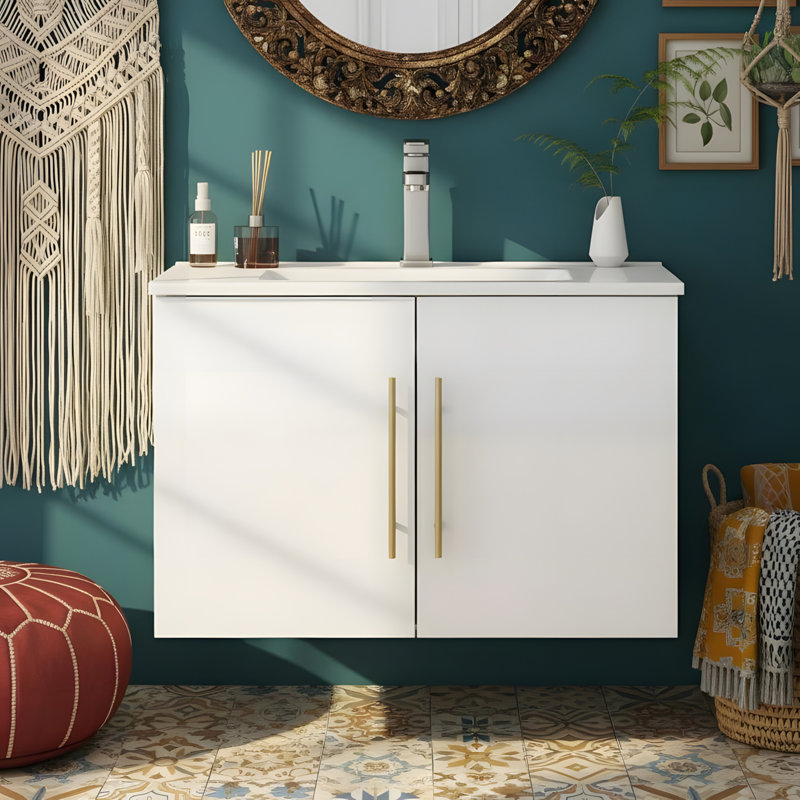 30-inch Wall-Mounted Double-Door Bathroom Vanity, Glossy White
