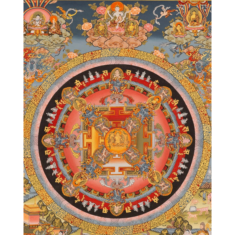 Mandala Manjushree (Thangka sans brocart) | Or 24 carats, gouache et couleur acrylique sur toile de coton