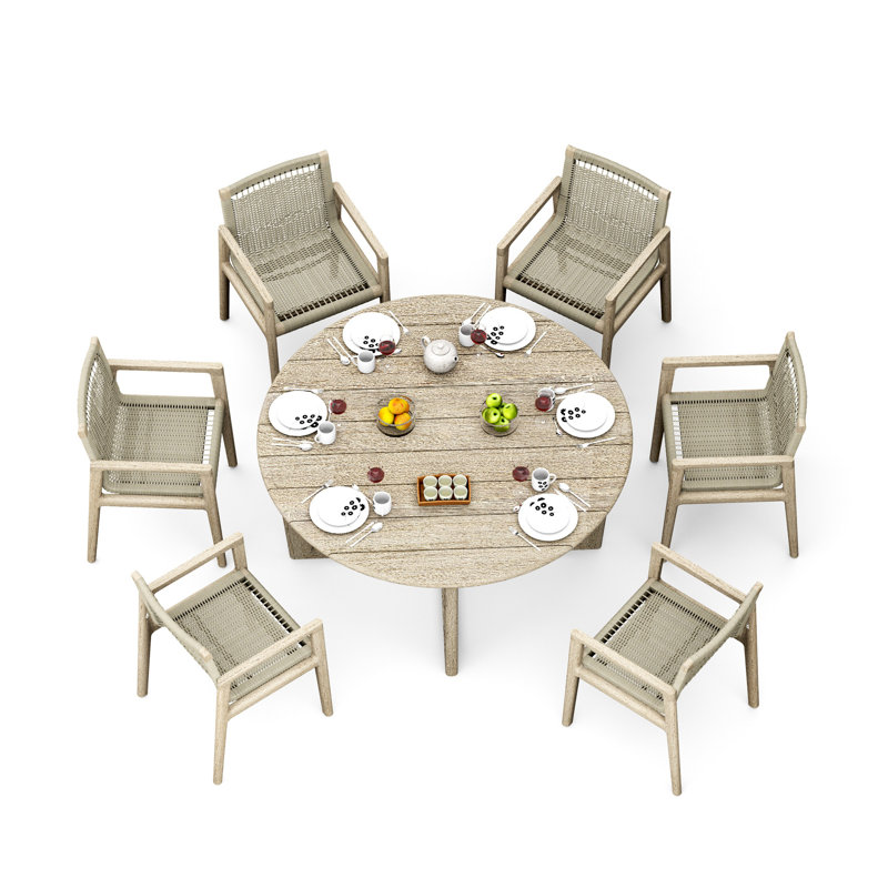 4 Seats 5 Pcs Grade-A Weathered Teak Wood Dining Set: 60" Sema Round Table And 4 Sema Arm Chairs #11Se3504, 6