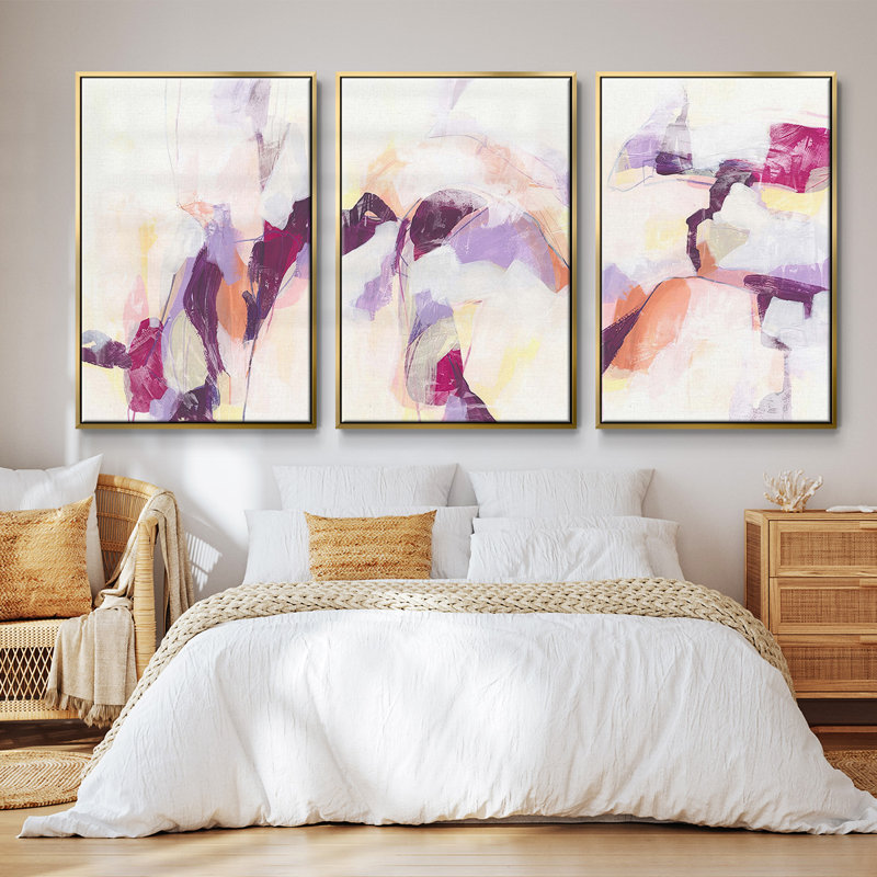 Ensemble de 3 cadres flottants sur toile polaire magenta I, H 27 po x l 54 po, Or