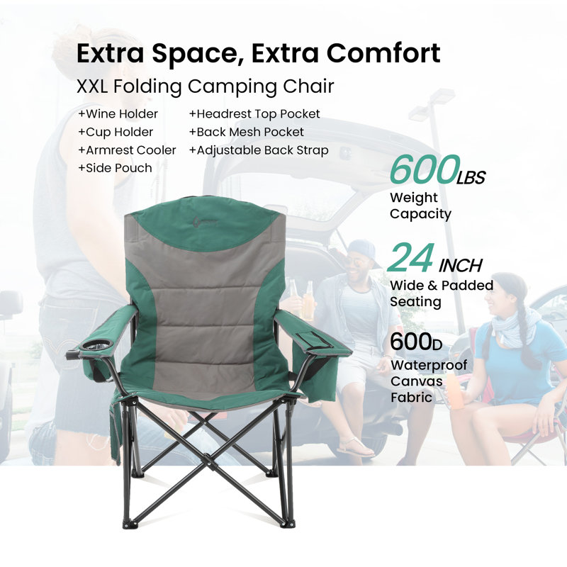 Green XXL Folding Padded Camping Chair with Cup Holder and Cooler