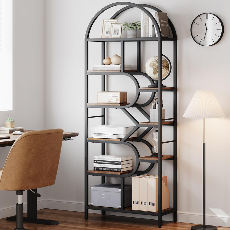Bookshelf 6 Tier Arched Bookcase 81.7In Tall Display Racks Geometric Open Storage Shelf, Black
