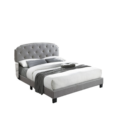Light Gray Finish Queen Size 1pc Bed Nailhead Trim Button Tufted Burlap Fabric Bedroom Furniture
