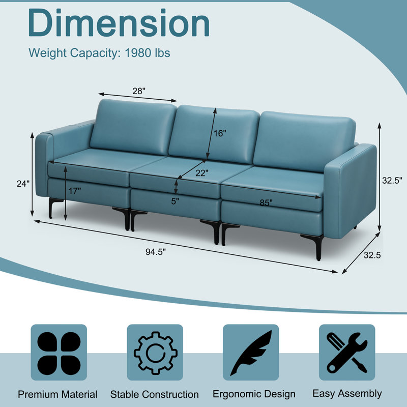 Canapé modulaire à accoudoirs carrés de 94,5 po Daleth, Similicuir bleu