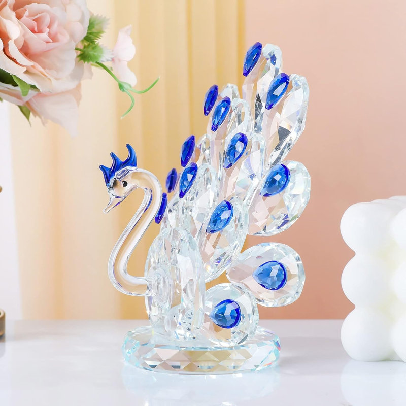 Figurine paon en cristal avec accents facettés bleus, sculpture d'oiseau décorative fabriquée à la main pour la maison