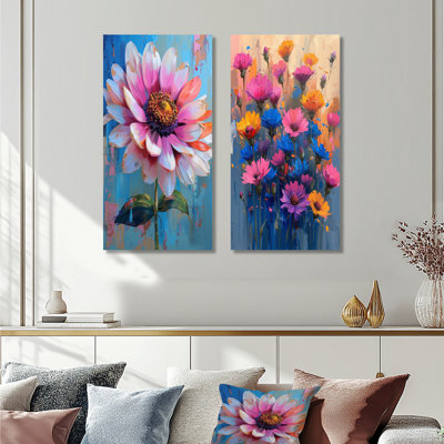 Pink Blue Cornflowers Vibrant Bloom III - Cornflowers Wall Art 2 Pieces Set