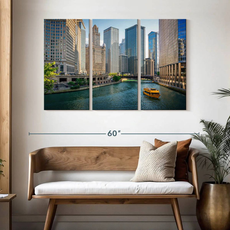 Bateau sur la rivière Sireci, Chicago, H 32 po x l 50 po
