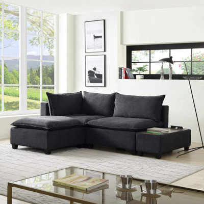 Latitude Run® Dark Grey Fabric Sectional Loveseat Ottoman with USB Storage Console Table