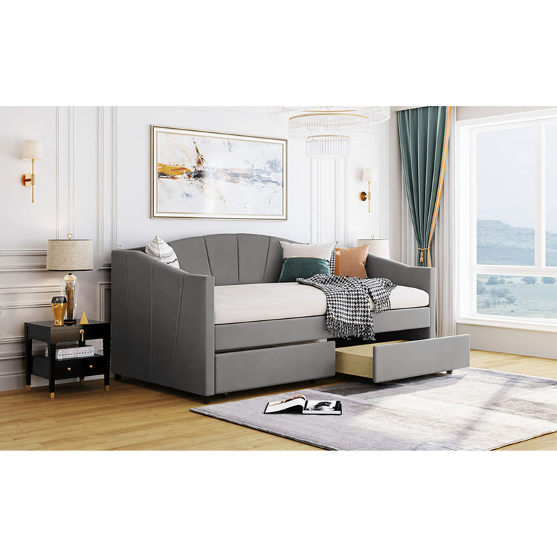 Upholstered daybed Twin Size with Two Drawers and Wood Slat, Gray