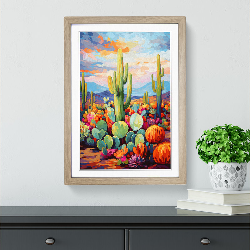 Cactus Impressionism Art - Framed Print, 64cm H x 46cm W x 2cm D, Oak Framed