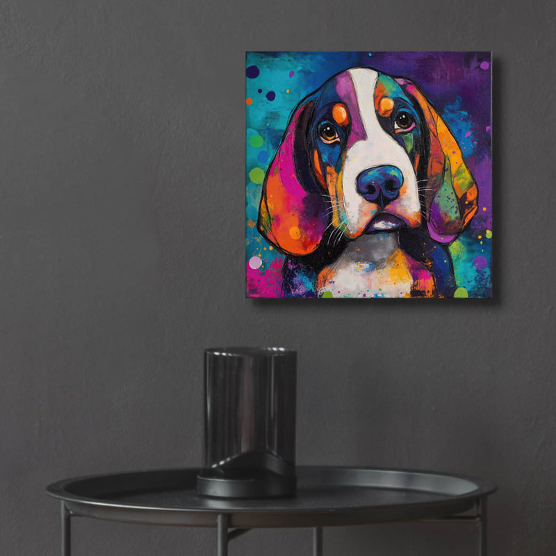  «Woof Basset Hound» par Rich Monet, art mural en verre acrylique, 12 po x 12 po
