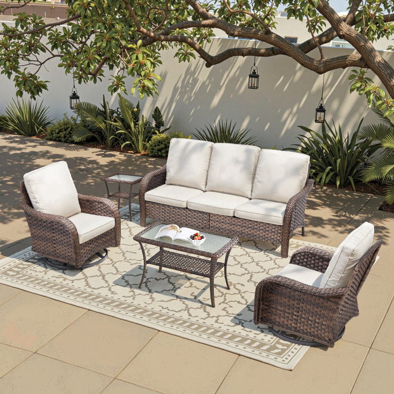 Gustave 5-Piece Outdoor Wicker Patio Furniture Set, All-Weather Conversation Set With Olefin Cushions, Beige