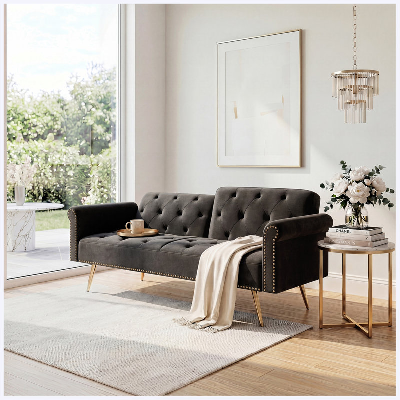 Canapé-lit convertible en velours noir ultra doux 69,7 po, garniture cloutée et coussin décoratif assorti