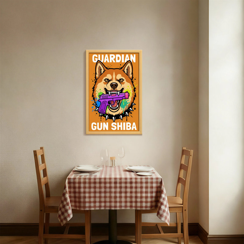Chien Shiba avec pistolet mauve, H 24 po x l 16 po