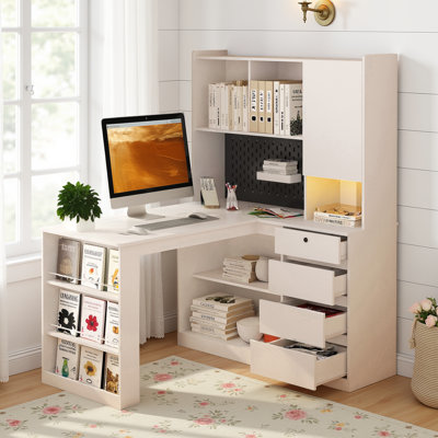 L-Shaped Corner Computer Desk with USB Charging Ports, Power Outlets, Writing Desk with Cabinet, Bookshelf