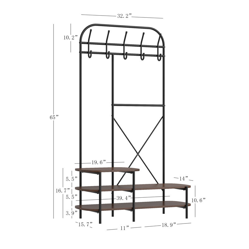 Bruton Industrial Hall Tree with Wood Shelves, Brown