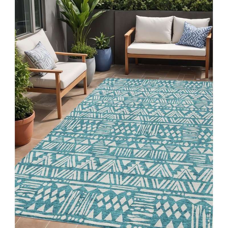 Tapis bleu sarcelle et ivoire intérieur / extérieur 5 pi x 8 pi