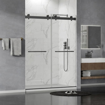 Porte de douche coulissante double sans cadre de 61 à 66 po x H 78 po en noir mat avec verre trempé transparent de 1/4 po, revêtement Nano