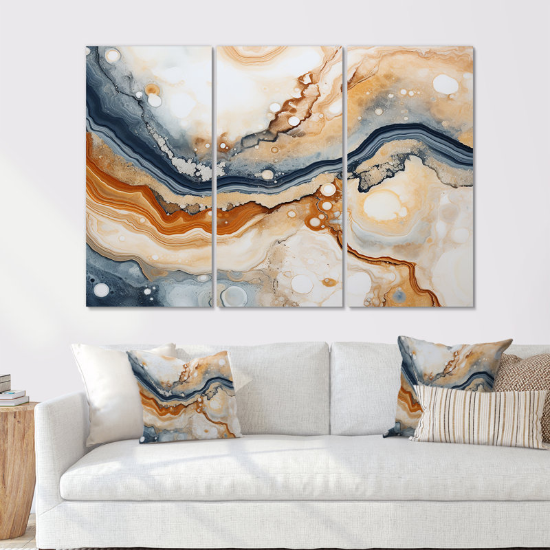 «Blue and Orange Minimalisme Stone Geode», ensemble d'art sur toile Geode Stone, Toile tendue, H 32 po x l 48 po x P 1 po