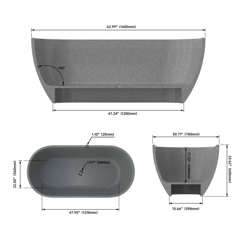 63" x 31" Freestanding Terrazzo Bathtub Solid Surface Soaking Tub, Gray
