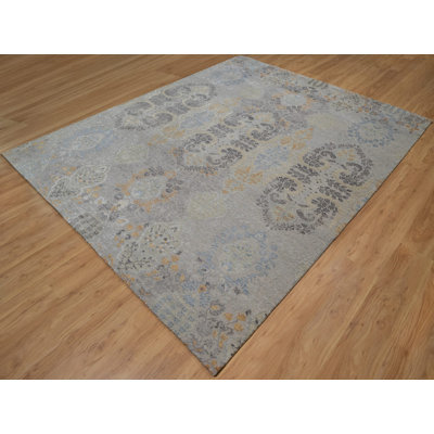 7'10" x 9'11" New Hand Knotted Grey Wool & Silk Rectangle Oriental Rug - MOA10291414