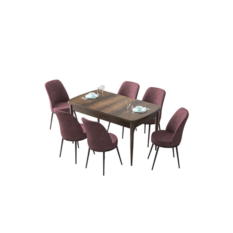 Ensemble de table et chaises de salle à manger extensible Modern (7 pièces), baroque et rose cendré, table: 51,2 po x 30,7 po x 31,5 po, extension à 66,9 po | 100% panneau de fibres à densité moyenne avec pieds en métal, chaises confortables avec coussins en mousse, design élégant et fonctionnel