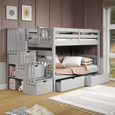 Tena Twin over Twin Solid Wood Standard Bunk Bed with a 3 Step Stairway, 3 Built-In Drawers and 2 Under Bed Drawers by Harriet Bee