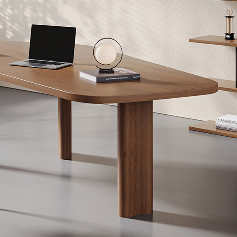 Modern Durable Brown Irregular Ash Wood Desk, 28.74" H x 78.74" W x 31.49" D
