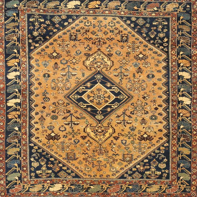 Tapis jaune/bleu/brun traditionnel Khouribga, Carré 4 pi