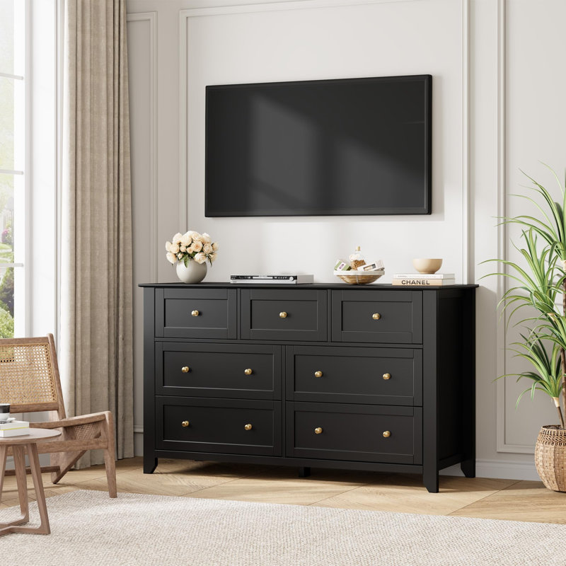 7 Drawer Dresser for Bedroom, 54" Wide Large Dresser with Deep Drawers & Metal Knobs, Modern Wooden Chests of Drawers, Black