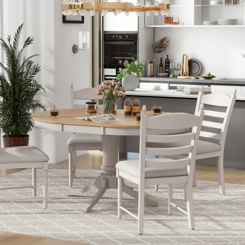 5-Piece Retro Functional Dining Table Set Wood Round Extendable Dining Table And 4 Upholstered Dining Chairs, Brown/Off White