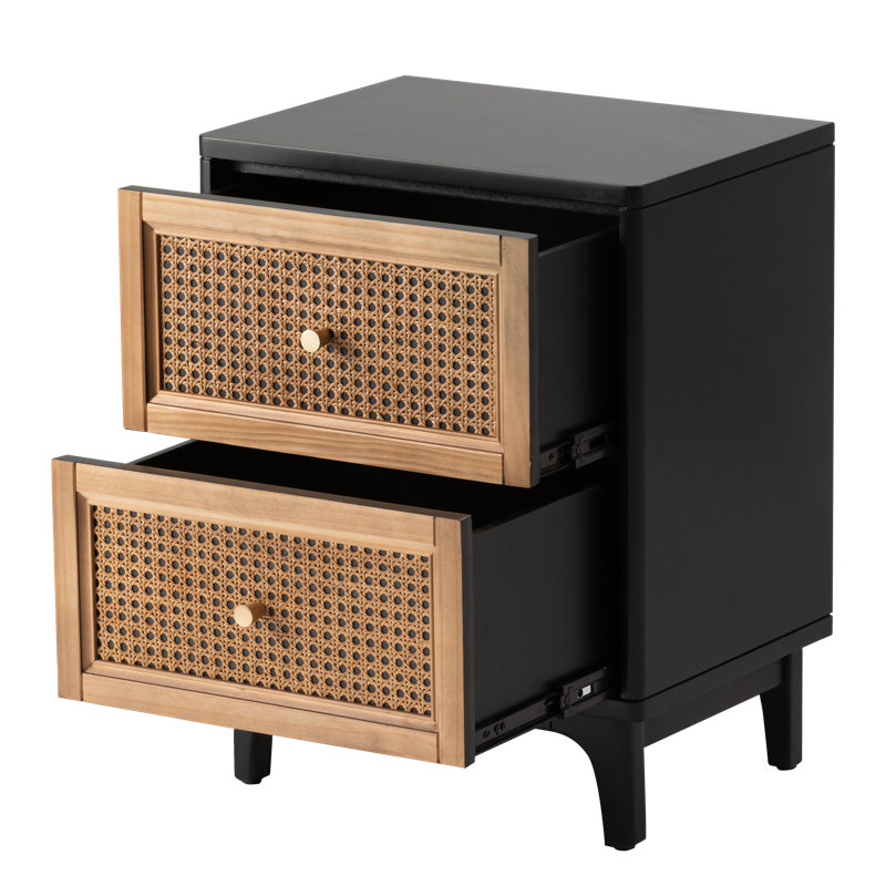 Aril 2-Drawer Woven Cane Front Accent Nightstand with Brass Knobs, Black/Brown