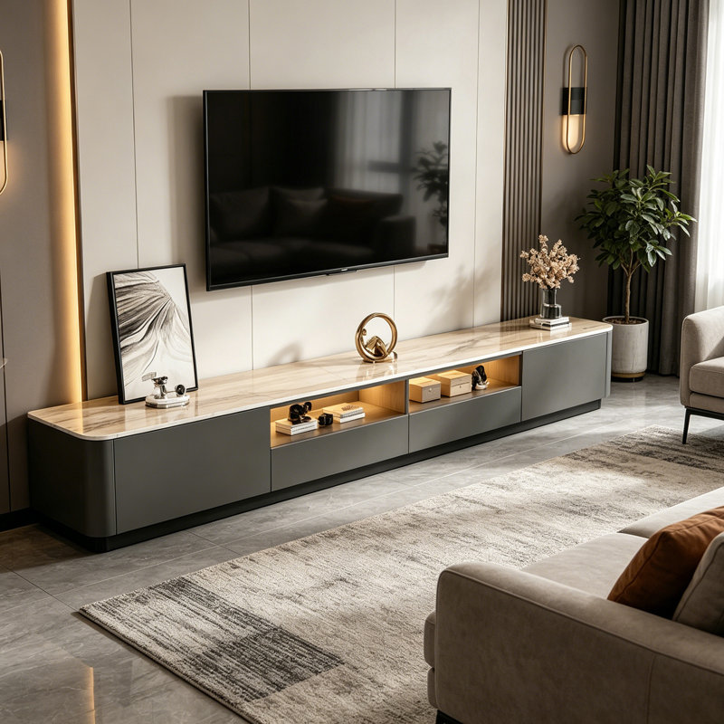Meuble télé Minimalist, H 13,38 po x L 86,61 po x l 11,81 po, Gris / noir / blanc