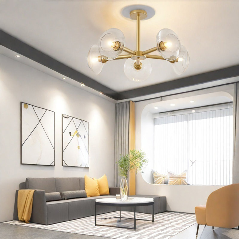 Lustre doré à 5 lumières avec design spoutnik, lustre moderne en métal linéaire, luminaire à hauteur réglable