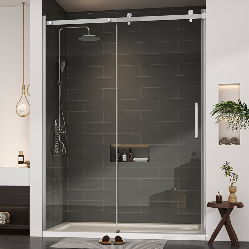56"-60" W x 76" H Single Sliding Frameless Shower Door with 5/16" (8mm) Crystal Clear Tempered Glass, Brushed Nickel