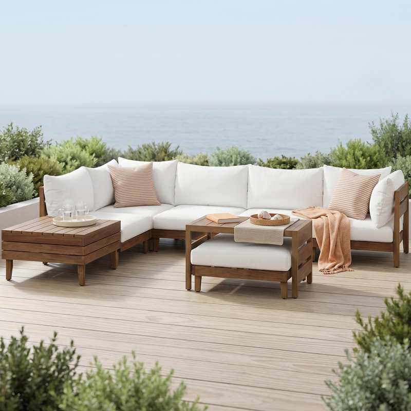Ensemble de meubles modulaires d'extérieur en bois 8 pièces avec table à thé et coussins de rangement