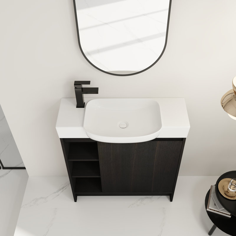 Meuble-lavabo autoportant de 30 pouces avec lavabo en céramique blanche et porte à fermeture en douceur, Chêne foncé