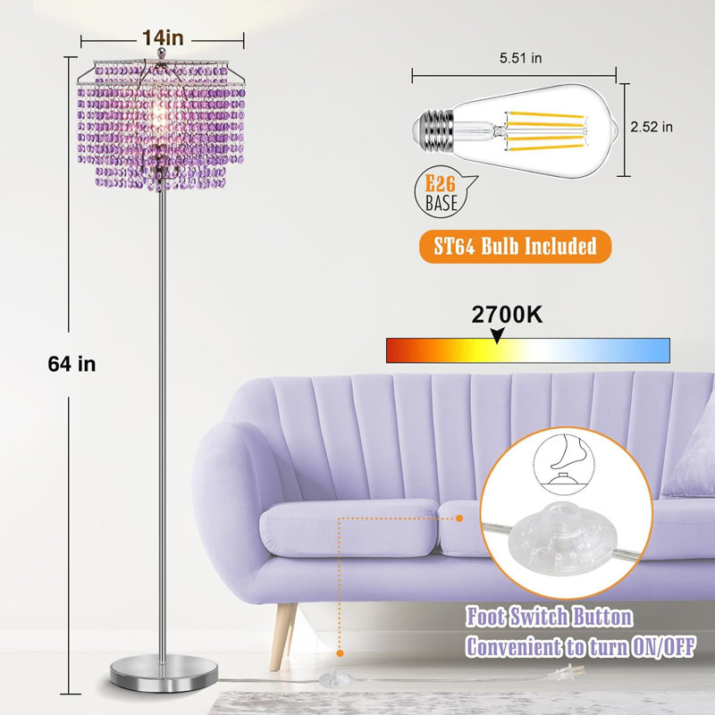 Crystal Floor Lamp Purple With Double-Layer Lampshade, LED Floor Lamp With On/Off Foot Switch, Silver Finish Tall Pole Lamp For Living Room, Girl Bedroom, Dresser, Office