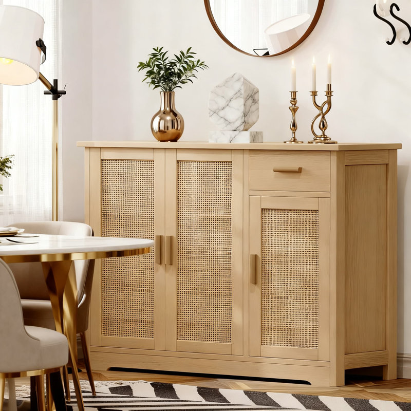 Buffet en rotin avec rangement, console à 3 portes avec tiroir et tablettes réglables pour le salon, la salle à manger et le couloir