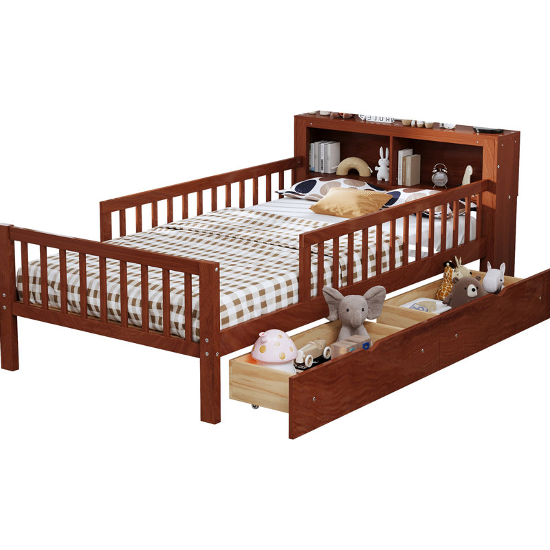 Lit simple avec rangement pour tête de lit et garde-corps sécurisés, qualité noyer, Noyer