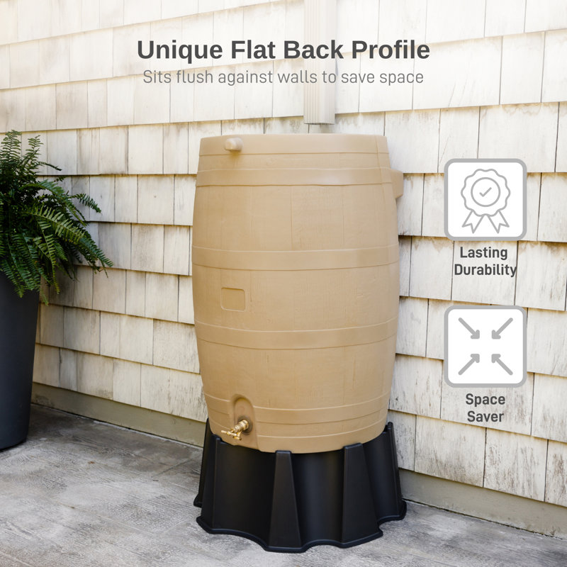 Tan Oak Polyethylene Rain Barrel with Brass Spigot, 50 Gallon