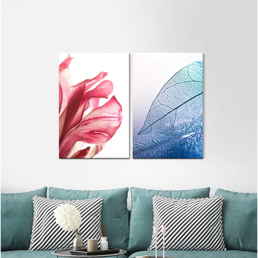 2-tlg. Leinwandbilder-Set - Grafikdruck „Flower Leaf Red Blue Light”